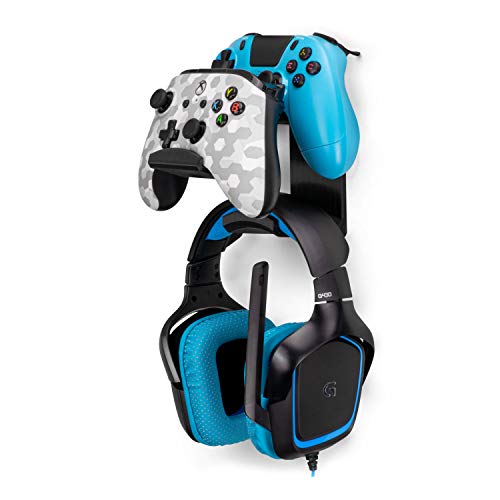 BRAINWAVZ The UberAtlas Dual Game Controller & Headphone Stand Wall Mount Holder for Xbox ONE, Series X, PS5, PS4, PS3, Switch, STEELSERIES Gamepad & More, Stay Organized No Screws - color: Black