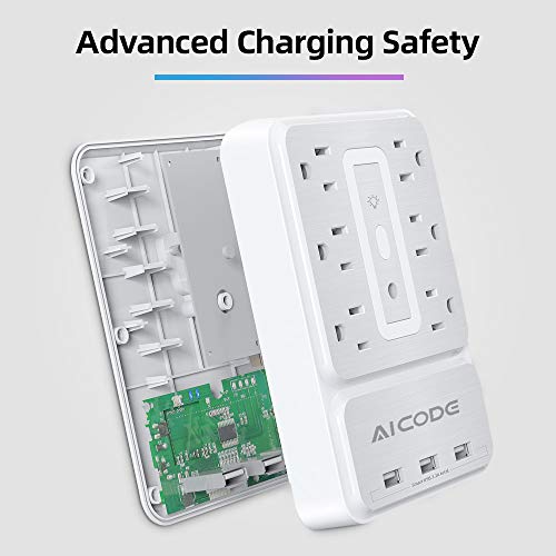 AICODE USB Outlet Extender with Shelf, RGB Night Light, 6 Outlets, White | 9-in-1 Surge Protector, 3 USB Ports (3.2A), 900J, 1875W, Compact Wall Plug Adapter for Home Kitchen Dorm