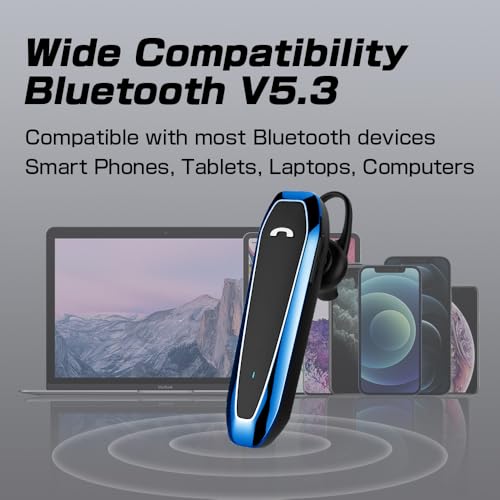 Bluetooth Headset, V5.3 Wireless Handsfree Earpiece with Noise Cancelling Mic, 33 Hours Talking Time, Single Ear Headset Compatible with iPhone Android Cell Phones for Driving Business（Blue）