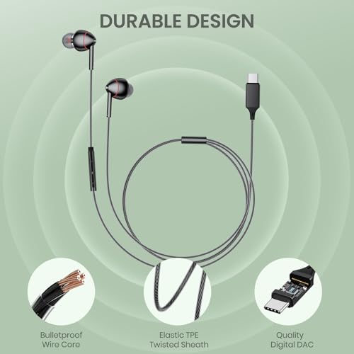 USB-C Wired Earbuds with Microphone, Volume Control, Noise Canceling, Compatible with Samsung Galaxy S24 S23 S22, iPhone 17 16 15 Pro Pro max, Pixel Phones - color: Updated black