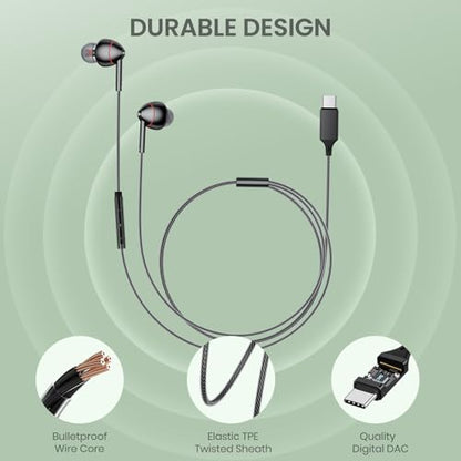 USB-C Wired Earbuds with Microphone, Volume Control, Noise Canceling, Compatible with Samsung Galaxy S24 S23 S22, iPhone 17 16 15 Pro Pro max, Pixel Phones - color: Updated black