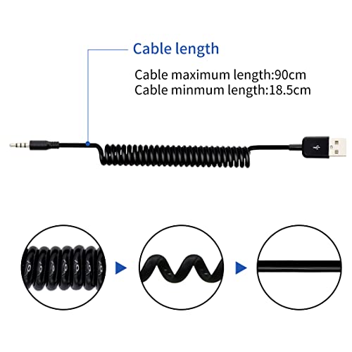 YACSEJAO USB to 3.5mm Audio Jack Coiled Cable, Male AUX to USB 2.0 Adapter Cord for MP3 Players, Headphones
