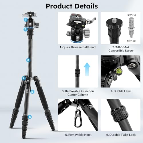 SIRUI AM-025K+KS-5 Carbon Fiber Travel Tripod, Ball Head, 55.1" | 360° Pan, Quick Release Plate, Lightweight, Compact, DSLR, Mirrorless Camera, Travel, Outdoor Photography - style: 55.1" Compact Tripod
