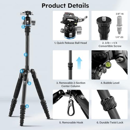 SIRUI AM-025K+KS-5 Carbon Fiber Travel Tripod, Ball Head, 55.1" | 360° Pan, Quick Release Plate, Lightweight, Compact, DSLR, Mirrorless Camera, Travel, Outdoor Photography - style: 55.1" Compact Tripod