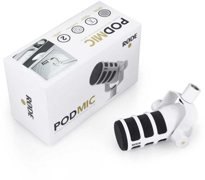 Rode PodMic (White) Cardioid Dynamic Broadcast Microphone with WS14 PodMic Pop Filter - Red