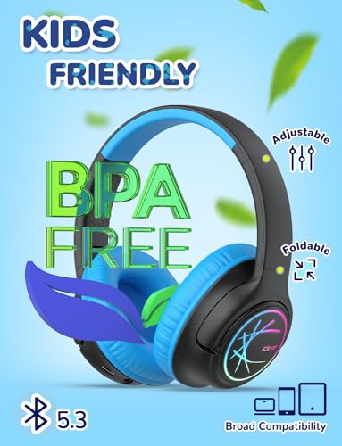 iClever BTH18 Kids Bluetooth Headphones LED Lights for Toddler Boys Girls | SafeSound Tech, 43H Playtime Stereo Sound, USB C Charging AUX Cable, Over Ear Kids Headphones Wireless for iPad/Tablet/Travel - color: Purple & Black