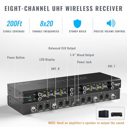 Phenyx Pro 8-Ch UHF Metal Dynamic Wireless Microphone System PTU-4200-8H | 8 Handheld Mics, 8 x 20 Frequencies, 200 ft Range, Karaoke, Church Services, DJ Sets