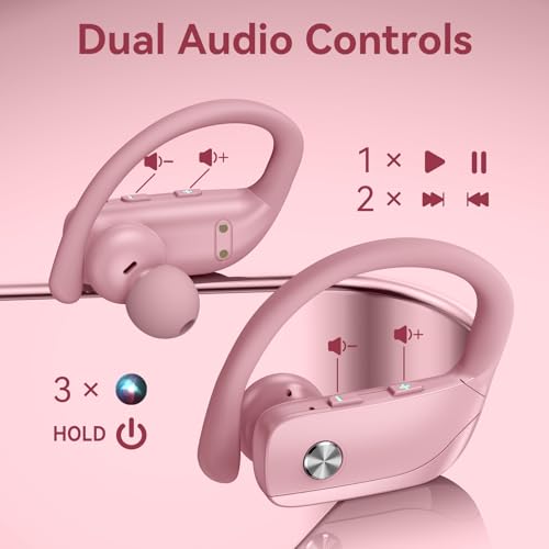 bmani Ear Buds Wireless Earbuds Bluetooth Headphones with 80H Playtime LED Display Case, Over-Ear Hook with Mic, Stereo Sound, Easy Button Controls, Sports Earphones for Running Workout Gym Pink - color: Pink, style: Standard