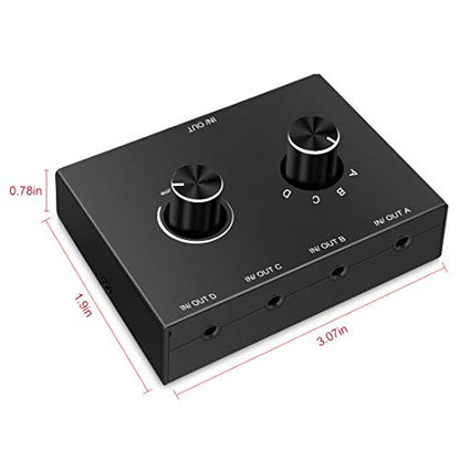 4 Port Audio Switch, 3.5mm Stereo AUX Selector, 4 Input 1 Output / 1 Input 4 Output Splitter, Switcher Box With 4 Channel Switch Knob, No External Power Required