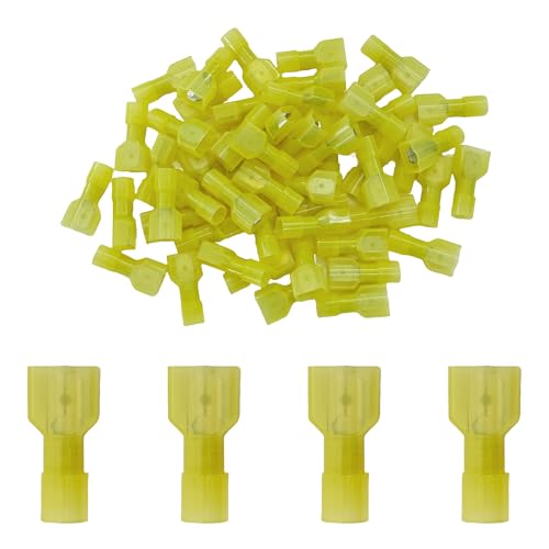100Pcs Yellow Male Spade Connectors 12-10 AWG, Nylon Insulated Quick Disconnect Terminals, Tinned Copper Crimp Wire Connectors for Automotive, Speaker, Electronics - size: 12-10 AWG
