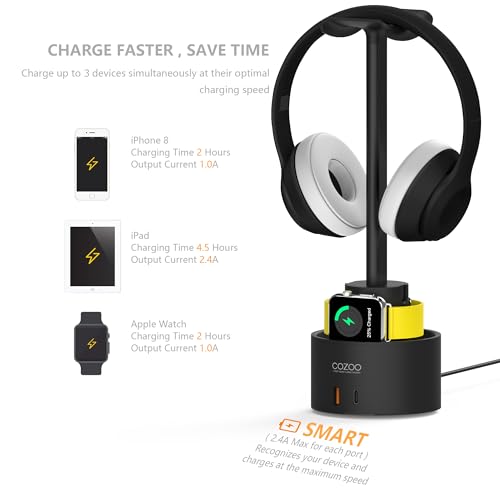 Headphone Stand with 3 USB Charger Desktop Gaming Headset Holder Hanger with 3 USB Charging Station,Watch Stand and Watch Wireless Charging,DJ,Earphone Display Accessories,Gamers Gifts for Him