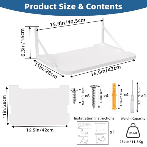 Projector Shelf for Wall Mount, 16.5" × 11", Holds Up to 25lbs, White | Solid Wood, Long-Lasting, Floating Shelf for Router, TV Cable Box, Game Console, DVD Player, Modem - color: White