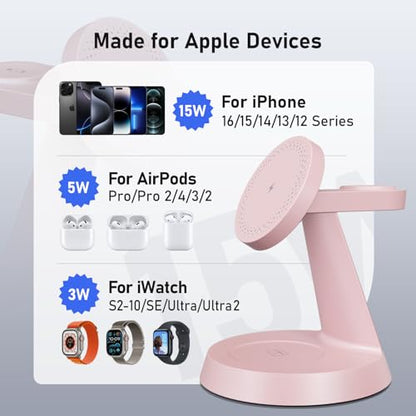 Charging Station 3 in 1 Wireless Charger for Apple Devices, 15W MagSafe Stand Compatible with iPhone 17 16 15 14 13 12 Pro Max Plus, Charging Dock for AirPods 4 3 2 & iWatch Series (Pink-1) - color: Pink-1