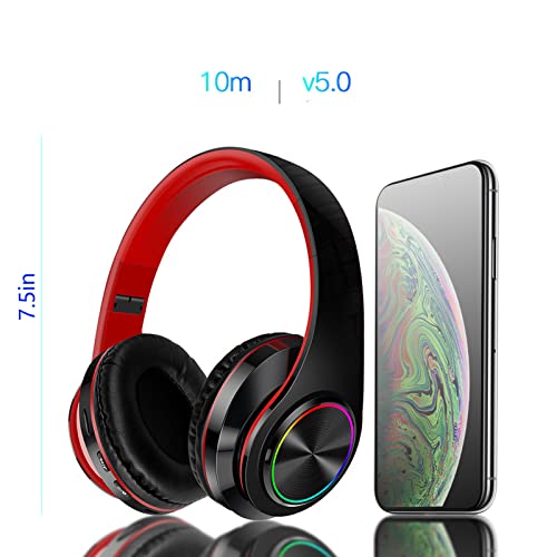 Wireless Bluetooth Headphones with Colorful LED Lights, Black Red | HiFi Stereo Sound,Light Weight,Foldable,Colorful Backlit,Rechageable,Over Ear Headset for PC/Travel/Class/Office/Kids/Adult - color: Black