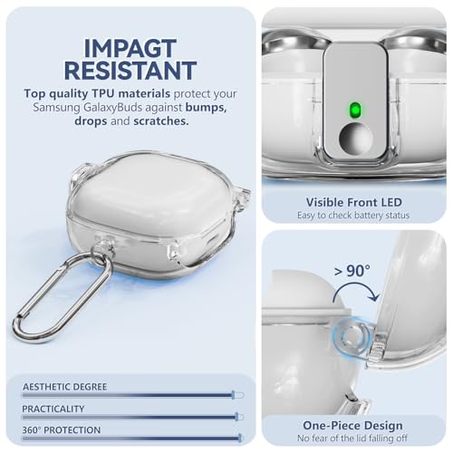 Inesore Case for Samsung Galaxy Buds FE/Buds 2/Pro/Live (Clear) | Safety Lock Design Prevents Loss, Clear Anti-Yellow PC Shell, 3-in-1 Cleaning Tool, Metal Clasp, Silicone Lanyard - color: A8-Clear+Bi