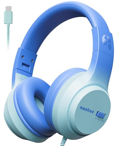awatrue USB‑C Kids Headphones for School,74‑85‑94dB Limiter, w/Mic HK07C | Foldable Wired Over Ear Headphones, for Toddler School/Travel/iPad/Tablet, Blue-Gradient - color: USB-C Blue Gradient