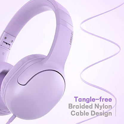 LORELEI E5 Wired Headphones for Kids Foldable & 3.5mm Jack Tangle Free Nylon Wire Stereo On Ear Headsets for Kids/Children/School/Tablet/Ipad/Kiddle/Plane (Purple) - color: Purple