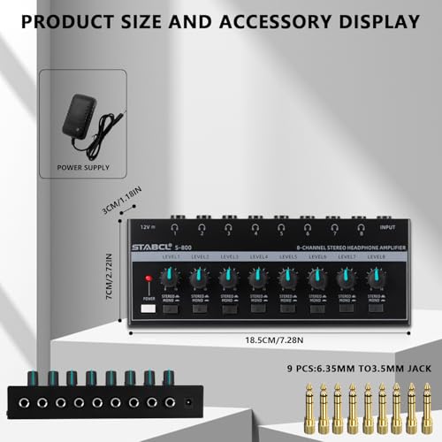 Headphone Amplifier 8 Channel, Stereo Headphone Amp with 9 Pcs 6.35mm to 3.5mm Jack, Metal Portable Studio Headphone Amp Splitter, Headphone Mixer with Mono and Stereo for Recording Studios - size: 8