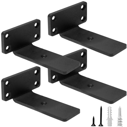 HITOMEN Heavy Duty Floating Shelf Brackets, 4-Inch (1/5'' Thick) Hidden Shelves Hardware, Iron L Brackets, Rustic Industrial Black Metal Wall Shelving Supports, 4 Pack - size: 4 Inch, style: 4 Pack