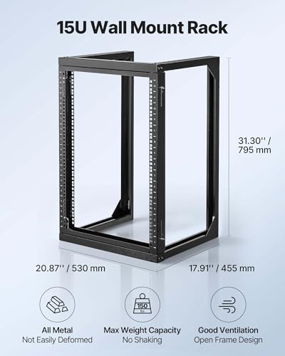 VEVOR 15U Open Frame Server Rack, Free Standing or Wall Mount Rack with 180 Degrees Gate Swing, Network Rack for 19" IT Equipment & A/V Devices - size: 15U Wall Rack