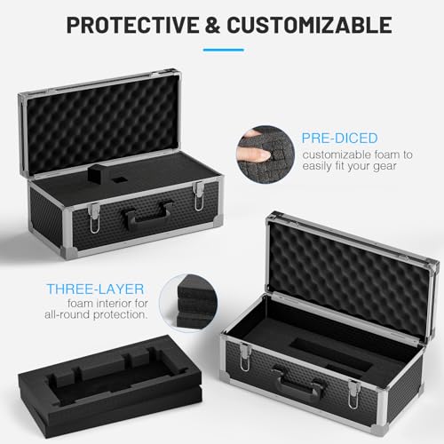 Phenyx Pro Carrying Case with Customizable Pre-Diced Foam Foam PCSE-XL | Aluminum Alloy Sturdy Build, 3-layer Form, Protective Gear Storage, Wireless Mic Systems, Camera Gear, Equipment Transport - size: Extra Large (20.4×10.2×7.9 Inch)