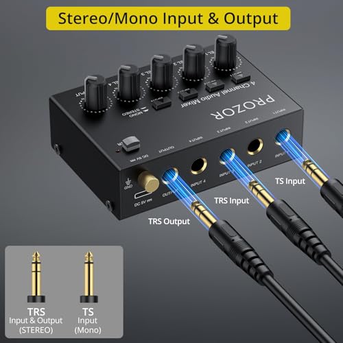 PROZOR Mini Audio Mixer 4 Channel Line Mixer - USB-C Powered Sub Mixer | with Volume Control & Stereo Mono Switch, Compact Low Noise Audio Mixer for Guitar, Bass, Keyboard, Recording, Streaming