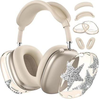 [4 in 1] Case Cover for AirPods Max 2/1 (2026/2024/2020) Ear Pad Case Cover/Headband Cover/Ear Cups Cover with Bling Star for Apple AirPods Max Headphones (Beige Star) - color: Beige Star