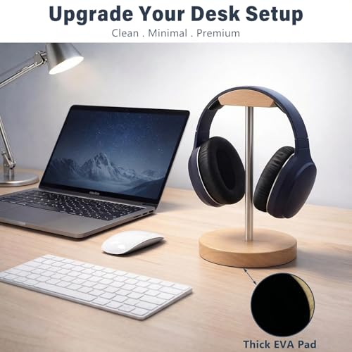 Wood & Metal Headphone Stand, Desktop Headset Holder with Stable Non-Slip Bamboo Base, Universal Headphone Hanger for Gaming Headsets, Office Desk, Home, Gift - color: Wood-tone