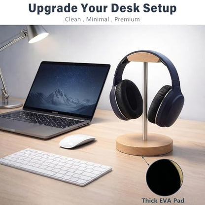 Wood & Metal Headphone Stand, Desktop Headset Holder with Stable Non-Slip Bamboo Base, Universal Headphone Hanger for Gaming Headsets, Office Desk, Home, Gift - color: Wood-tone