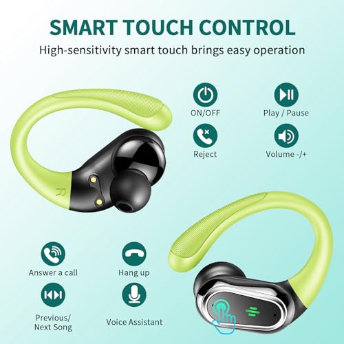 Wireless Earbuds, 2026 Bluetooth 5.4 Headphones Sport, Bluetooth Earbuds with ENC Noise Canceling Mic, 60H Stereo Wireless Headphones IP7 Waterproof with Earhooks, Dual LED Display for Workout/Running - color: Loyal Green