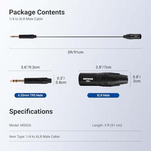 NEEWER 6.35mm 1/4 TRS to XLR Male Cable, 3 ft Quarter Inch to 3 Pin XLR Balanced Signal Interconnect Patch Cord Adapter Connector for Microphone Amplifier Mixer Powered Speaker Guitar Tuner, MS026 - size: 6.35mm（91cm）, style: XLR Male