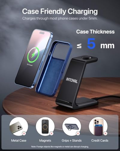 Intoval 3 in 1 Wireless Charging Station for iPhone and Apple Watch,Fast Wireless Charger Stand,Compact Desk Charging Dock for iPhone17 16 15 14 13/Pro/Max, iWatch11 10 9 Ultra/SE 3/3,AirPods - color: Black