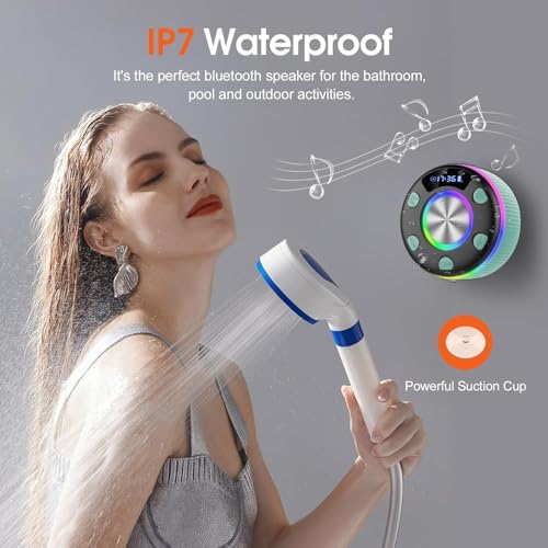 Bluetooth Shower Speaker, IP7 Waterproof Portable Bluetooth 5.3 Speakers with Suction Cup, Mini Wireless Speaker with RGB Lights Time Display, Loud Stereo Sound for Bathroom Beach Outdoor Party, Mint - color: Mint
