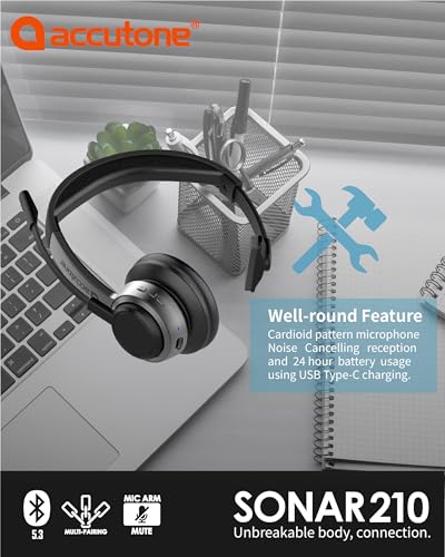 Accutone Sonar 210 Mono Bluetooth Headphones, Headset with mic, Long-Enduring Battery for PC/Mac & Cell Phones. Compatible with MS Teams/Skype/Zoom Best Choice for Work