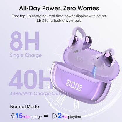 Open Ear Earbuds Wireless Clip on Headphones Bluetooth 5.4 Ear Buds with DNN Noise Cancelling, 48H Playtime, Low Latency, Fashion Design, Secure Fit, Clear Sound for Music & Calls (Purple) - color: Purple