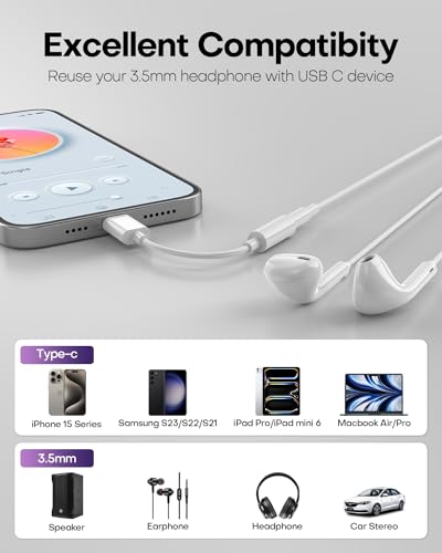 USB C to 3.5mm Audio Headphone Jack Adapter (2Pack), Aux to USB C Dongle Cord Cable Compatible with iPhone 17/16/15, iPad Pro, Samsung Galaxy S25 S24 S23 Ultra/Google Pixel - White - color: White