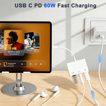 USB C to 3.5mm Audio OTG Adapter with 60W PD Fast Charging | 3 in 1 USB C headphone Splitter for iPhone 17/16/15 Sam-sung Galaxy S25/S24/S23 Ultra S21/S20 iPad Pro Laptops