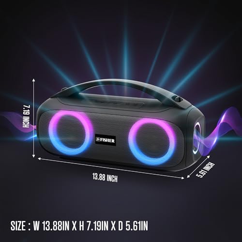Fisher Portable Bluetooth Speaker, IPX5 Waterproof Speaker, 60W Peak Power
