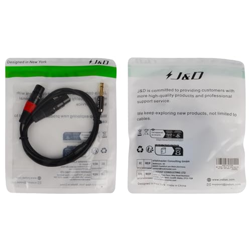 J&D XLR to 1/4inch (6.35mm) TRS Stereo Cable, 2 XLR Female to 6.35mm 1/4 inch TRS Male Unbalanced Interconnect Stereo Audio Cable for Speaker Mic Guitar Mixer AMP, 6 Feet
