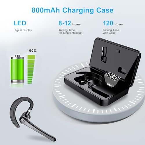 Bluetooth Headset,Wireless Bluetooth Earpiece with 800mAh Charging Case 80 Hours Talking Time Built-in CVC8.0 Dual-Mic Active Noise Cancelling V5.1 Hands-Free Headphones for Trucker/Office (C1, Black)
