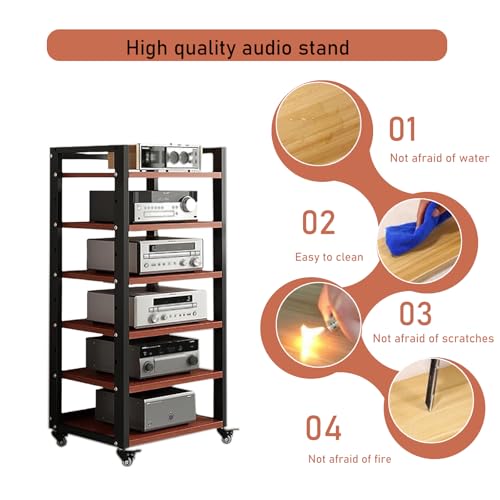 6 Tier Audio Rack Tower, CD Record Player Stereo Receiver AV Equipment Cabinet Display Rack, Weight Capacity 661 lbs, with Adjustable Wooden Shelves for Home (6 Tier Teakwood) - size: 6 Tier Teakwood