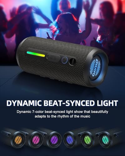 OHAYO Portable Bluetooth Speaker, IPX7 Waterproof, 24W Stereo Bass, LED Lights, Black