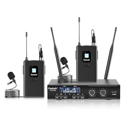 Gimkuls Wireless Lavalier Microphone System, Dual UHF Cordless Lapel Mic Set with 2 Bodypacks, 200 Channels, 328ft Range, XLR/6.35mm Outputs for Church, Speaking, Teaching, Interview