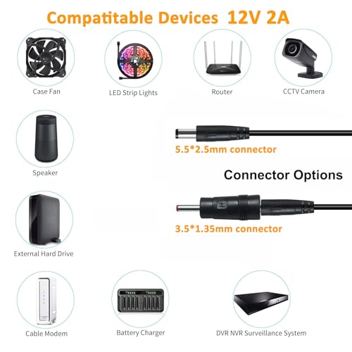 DCHAV 12V 2A Power Supply 5.5mmx2.5mm and 3.5mmx1.35mm Tip AC to DC Adapter 100-240V to 12vdc Power Cord 4ft 12 Volt 2amp 24W 5.5x2.5mm 3.5x1.35mm for CCTV Camera LED Light Router (Not 5.5x2.1mm) - size: 12V2A