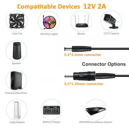DCHAV 12V 2A Power Supply 5.5mmx2.5mm and 3.5mmx1.35mm Tip AC to DC Adapter 100-240V to 12vdc Power Cord 4ft 12 Volt 2amp 24W 5.5x2.5mm 3.5x1.35mm for CCTV Camera LED Light Router (Not 5.5x2.1mm) - size: 12V2A