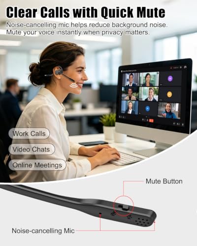 Wireless Headset with ENC Noise Cancelling Mic, Bluetooth V5.4 Headphones | Open Ear Headphones with Mute Button, 12H Playtime, 15.4mm Drivers for Work/Office/Running/Cycling (Black) - color: Black
