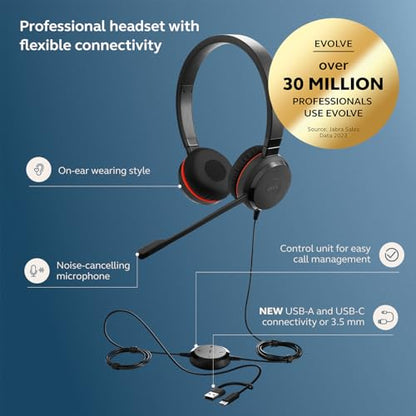 Jabra Evolve 30 II (2025 Edition) Wired Dual-Ear Headset with Mic, Black | 3.5mm Jack or USB-A/USB-C Connectivity, Noise-Cancelling Microphone, Microsoft Teams Certified, Call Control for Work Calls - color: Black, style: Teams Certified