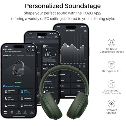 TOZO HT3 Hybrid Noise Cancelling Wireless Headphones, 90H Over Ear Headset | Hi Res Audio, AI Voice Assistant, Dual Device Connection, 32 Custom EQs, Built In 5 Mics, ANC, Foldable, Bluetooth 6.0 - color: Green