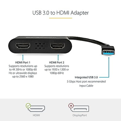 StarTech USB-A 3.0 to Dual HDMI Adapter, 4K 30Hz + 1080p 60Hz, Windows only | USB 5Gbps to 2x HDMI external graphics, 1x 4K 30Hz + 1x 1080p 60Hz, Extend or mirror - style: Windows Only