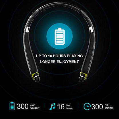 BEARTWO Bluetooth Headphones, Upgraded Foldable Wireless Neckband Headset with Retractable Earbuds, Noise Cancelling Stereo Earphones with Mic for Workout, Running, Driving (with Carry Case)